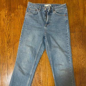 Topshop Petite Cotton Blend Mid Blue Raw Hem Straight jeans